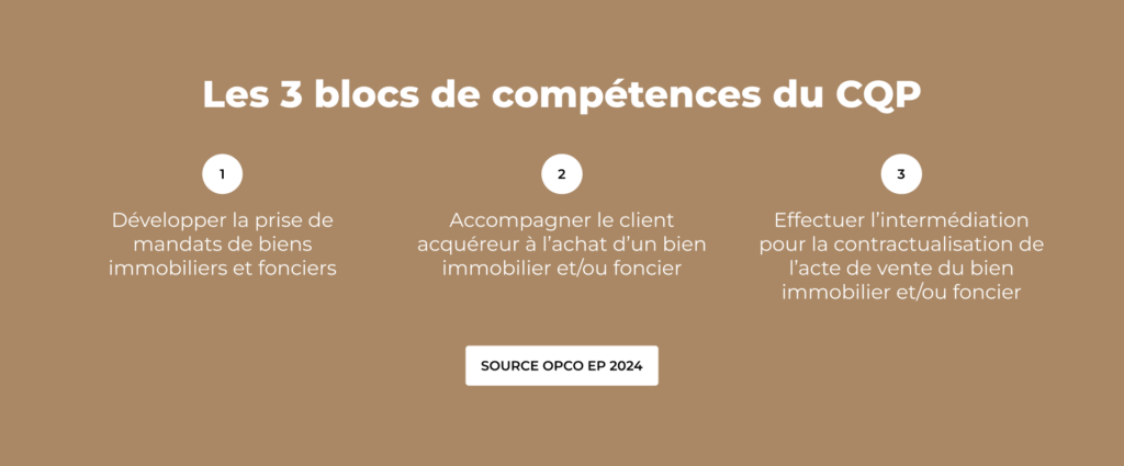 Le CQP négociateur immobilier se compose de 3 blocs de compétences